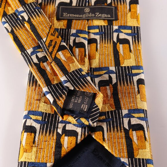Ermenegildo Zegna 100% Silk Necktie Abstract Gold Blue Black Made in Italy 59" - Picture 5 of 6